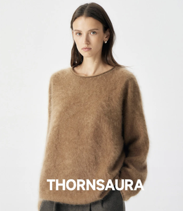 棘光THORNSAURA 羊绒卷边圆领宽松针织上衣-T2609S